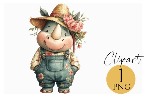 Download Cute Rhino PNG with Floral Hat Overalls - Rhino Collection