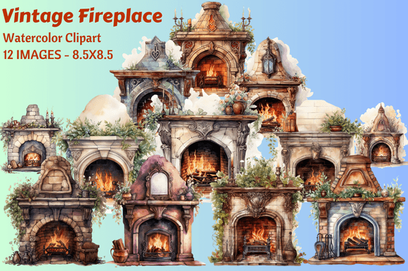 Download Vintage Fireplace Watercolor Clipart - Watercolor clipart Collection