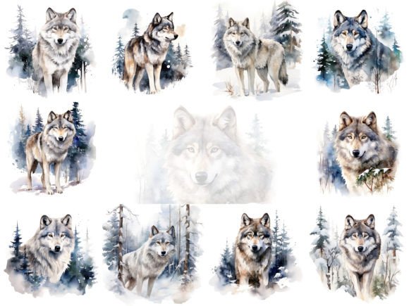 Download Wolf in Winter Watercolor Clipart Bundle - Watercolor clipart Collection