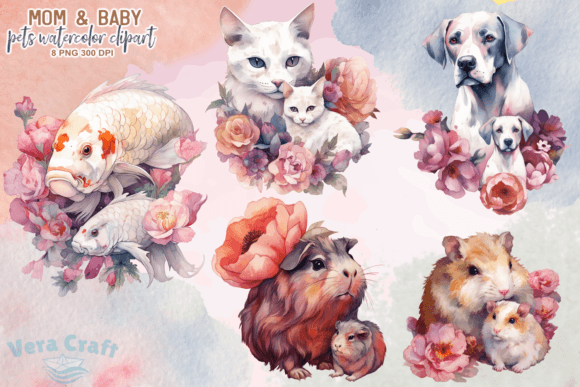 Download Mom &amp; Baby Pets Watercolor Clipart - Watercolor clipart Collection