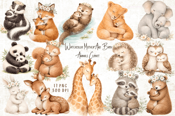 Download Mother &amp; Baby Animals Watercolor Clipart - Watercolor clipart Collection
