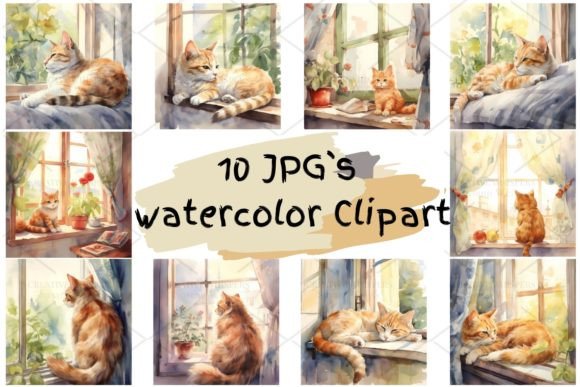 Download Cat Vintage Watercolor Clipart JPG, 1S-8 - Watercolor clipart Collection
