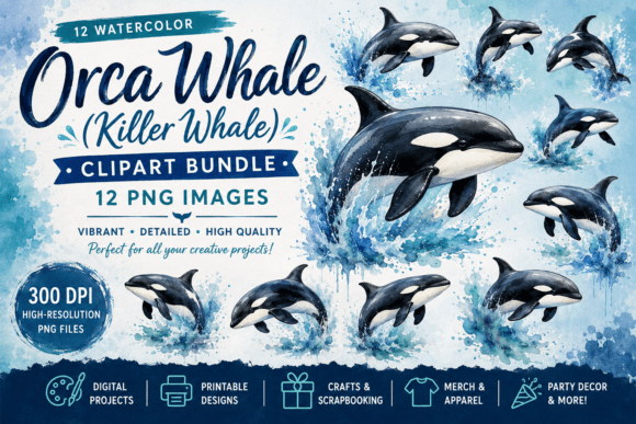 Download Vintage Orca Watercolor Clipart Bundle - Watercolor clipart Collection