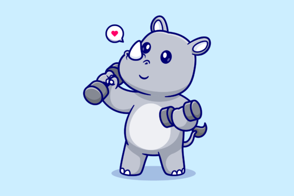 Download Cute Rhino Lifting Dumbbell Cartoon - Rhino Collection