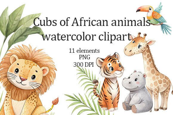 Download Watercolor Clipart Cubs of Africa - Watercolor clipart Collection